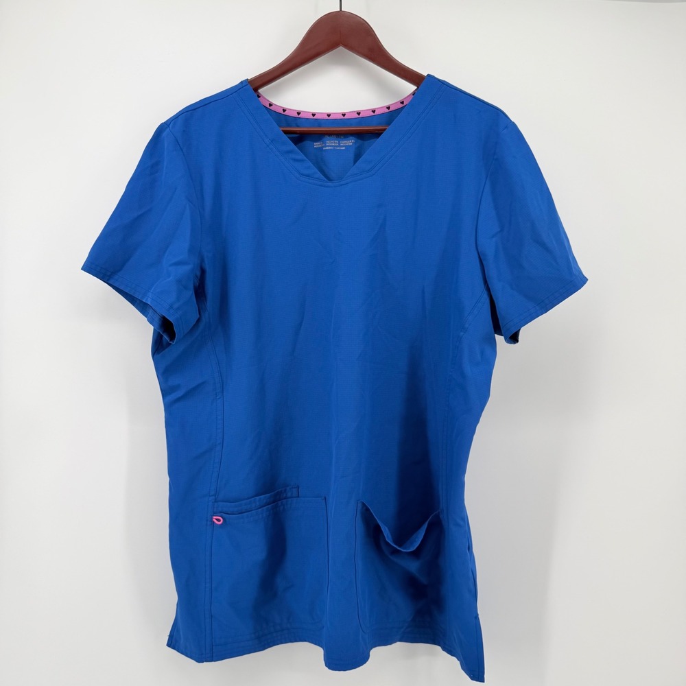 HeartSoul Womens XL Break On Through Scrub Top Royal Blue Pink V-Neck Uniform